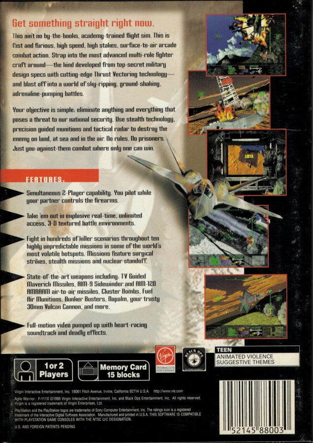 Agile Warrior F-111X [Long Box] for PlayStation 1 (PS1) at Gamers INC, featuring the explosive aerial combat simulator in its rare, collectible early-release "Long Box" packaging; pilot the experimental F-111X fighter through high-stakes missions to neutralize global threats, utilizing a devastating arsenal of missiles and napalm across fully destructible environments in a classic showcase of early 32-bit 3D flight action and cinematic mission briefings box back
