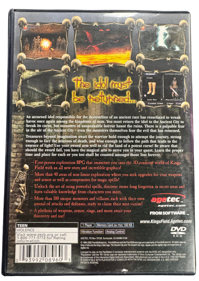 King's Field The Ancient City PlayStation 2 PS2 first-person role playing video game featuring dark fantasy dungeon exploration sword combat magic spells challenging monsters treasure hunting character development mysterious environments and classic PlayStation 2 PS2 gameplay collectible retro gaming appeal back cover art