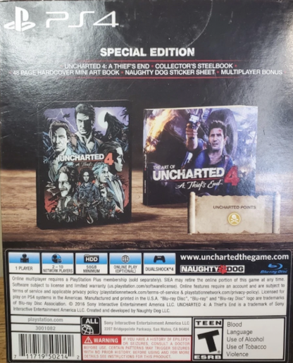 Uncharted 4: A Thief's End [Special Edition] – PlayStation 4 (PS4) video game back of case, action-adventure exploration game.