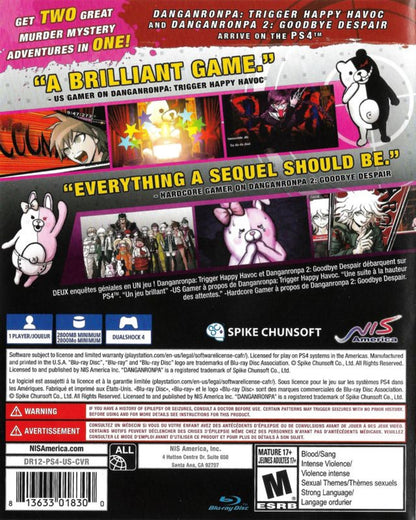 Danganronpa 1-2 Reload – PlayStation 4 (PS4) video game back of case, mystery visual novel by Spike Chunsoft