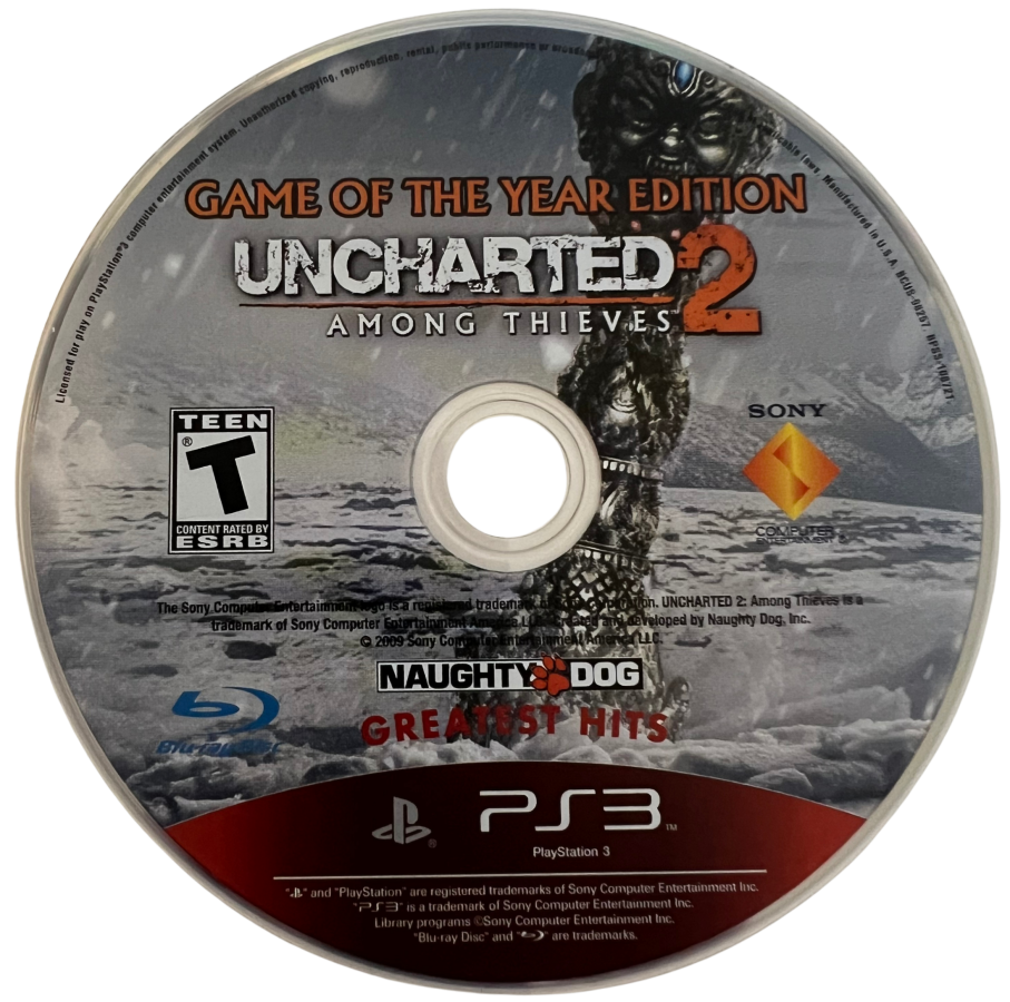 Uncharted 2 Among Thieves Game of the Year Greatest Hits for PlayStation 3, disc for an action-adventure third-person shooter video game with cinematic storytelling, treasure hunting, platforming, and blockbuster combat gameplay