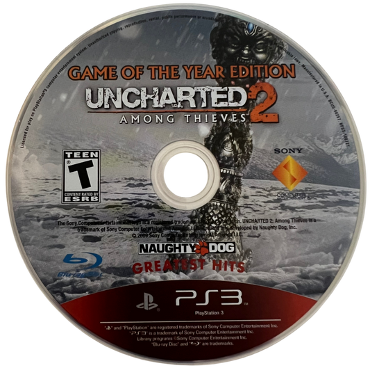 Uncharted 2 Among Thieves Game of the Year Greatest Hits for PlayStation 3, disc for an action-adventure third-person shooter video game with cinematic storytelling, treasure hunting, platforming, and blockbuster combat gameplay