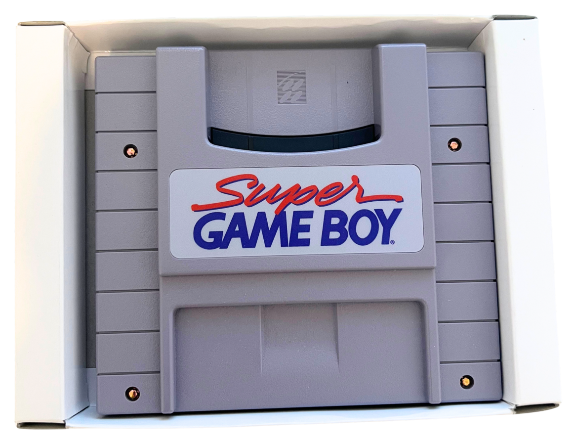 Super Game Boy retro Super Nintendo video game accessory featuring Game Boy game compatibility, handheld game support, classic Nintendo hardware and SNES console gameplay - cartridge in sleeve