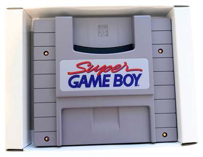 Super Game Boy retro Super Nintendo video game accessory featuring Game Boy game compatibility, handheld game support, classic Nintendo hardware and SNES console gameplay - cartridge in sleeve