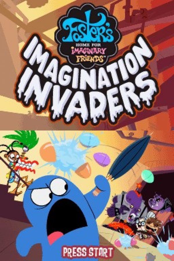Foster’s Home for Imaginary Friends Imagination Invaders for Nintendo DS, title screen for an action-adventure platformer video game with cartoon-style gameplay, puzzle-solving, and character-based missions