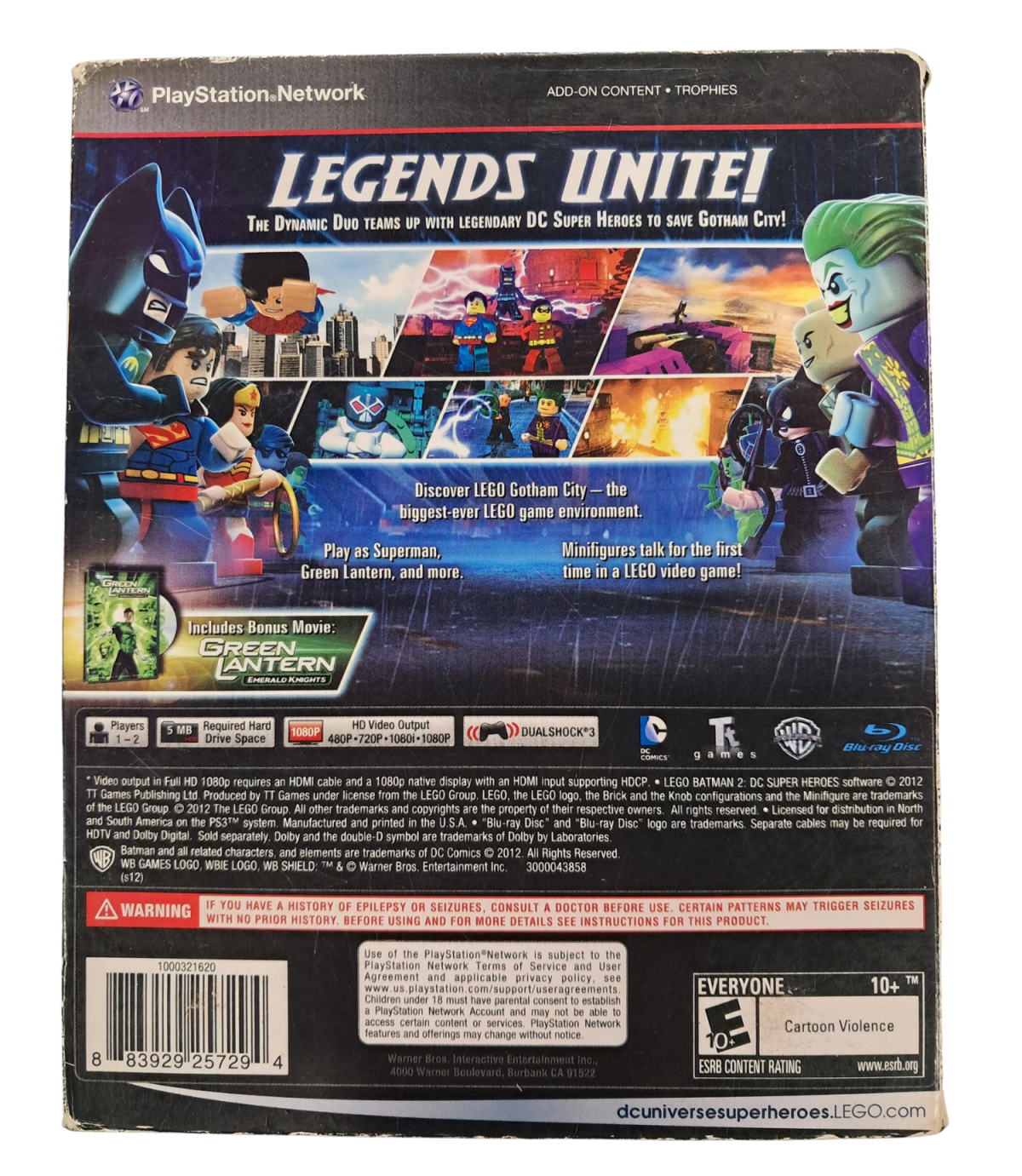 LEGO Batman 2 DC Super Heroes PS3 PlayStation 3 action adventure platformer LEGO game Batman Superman DC Comics open world Gotham City co op gameplay puzzles collectibles TT Games Warner Bros superhero game PlayStation 3 software game title back cover  