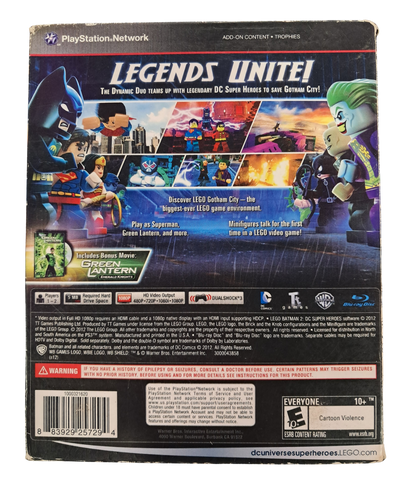 LEGO Batman 2 DC Super Heroes PS3 PlayStation 3 action adventure platformer LEGO game Batman Superman DC Comics open world Gotham City co op gameplay puzzles collectibles TT Games Warner Bros superhero game PlayStation 3 software game title back cover  