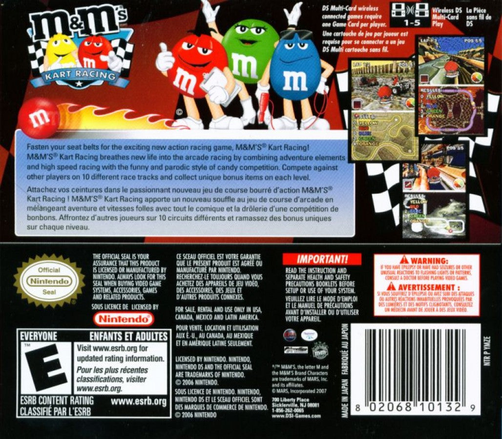 M&M’s Kart Racing Nintendo DS video game, arcade-style racing, colorful candy-themed tracks, family-friendly handheld console title back cover