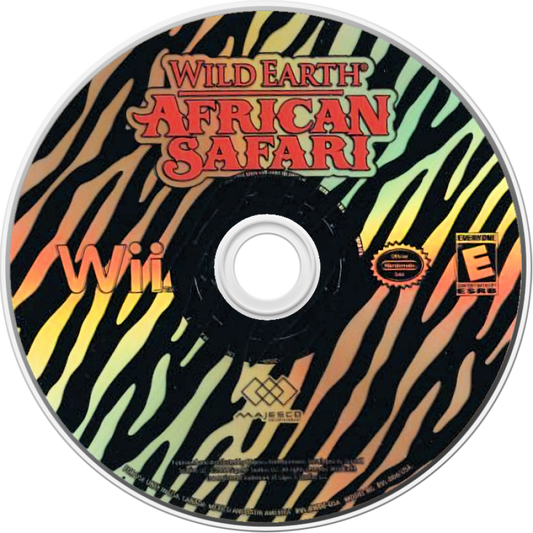 Wild Earth: African Safari disc art for Nintendo Wii (Wii) featuring wildlife photography adventures across African landscapes, motion‑controlled exploration, and missions to capture animals in their natural habitats.