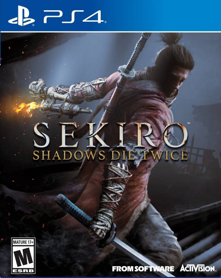 Retro Sekiro Shadows Die Twice PS4 inspired design featuring feudal Japan action adventure aesthetic shinobi stealth combat brutal sword duels mythical creatures FromSoftware gameplay intense samurai atmosphere cinematic dark fantasy presentation cover art 