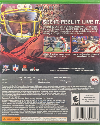 Madden NFL 25 Xbox One video game, American football sports simulation, NFL teams and players, updated gameplay and modes, console title back cover