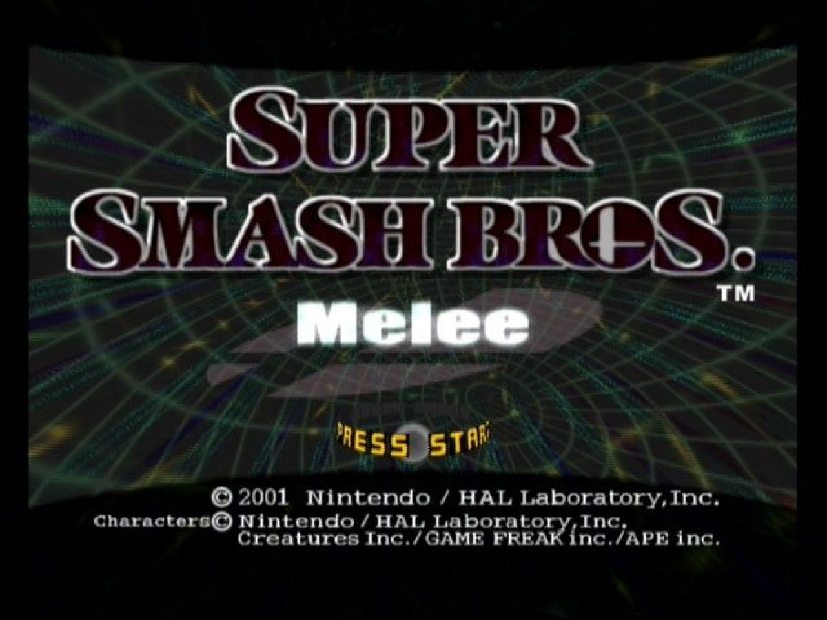 Super Smash Bros. Melee start screen for Nintendo GameCube (GC) multiplayer fighting video game