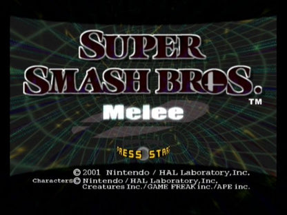 Super Smash Bros. Melee start screen for Nintendo GameCube (GC) multiplayer fighting video game