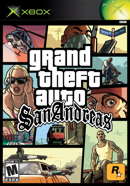 Grand Theft Auto San Andreas Microsoft Xbox Original Xbox video game featuring open world action adventure gameplay Los Santos San Fierro Las Venturas exploration driving missions combat character customization and crime themed story retro video game collection collectible gaming appeal cover art