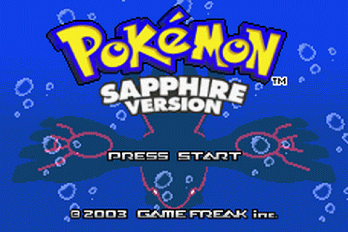 Pokemon Sapphire title screen for Game Boy Advance (GBA) game only featuring classic turn-based RPG gameplay and Hoenn region adventure
