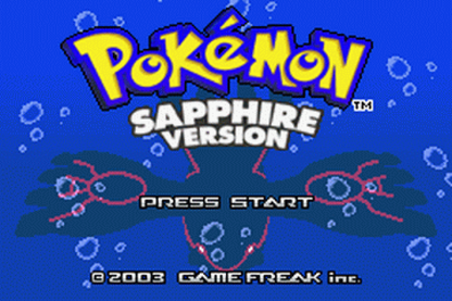Pokemon Sapphire title screen for Game Boy Advance (GBA) game only featuring classic turn-based RPG gameplay and Hoenn region adventure
