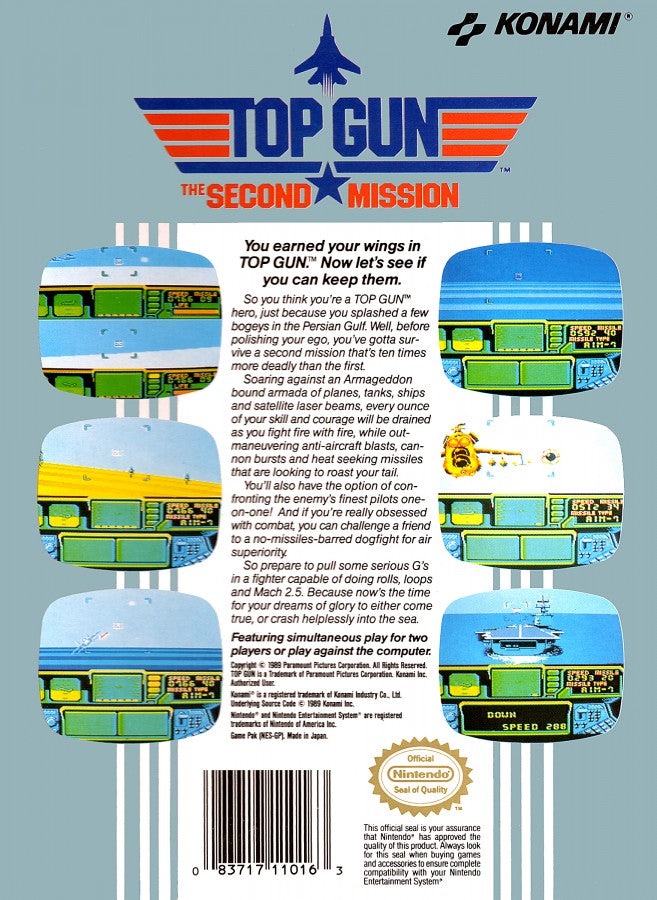 Top Gun The Second Mission Nintendo Entertainment System NES for retro video game enthusiasts featuring military flight combat gameplay jet fighter dogfights aerial missions aircraft carrier takeoffs and landings fast paced arcade action and collectible gaming appeal back cover 