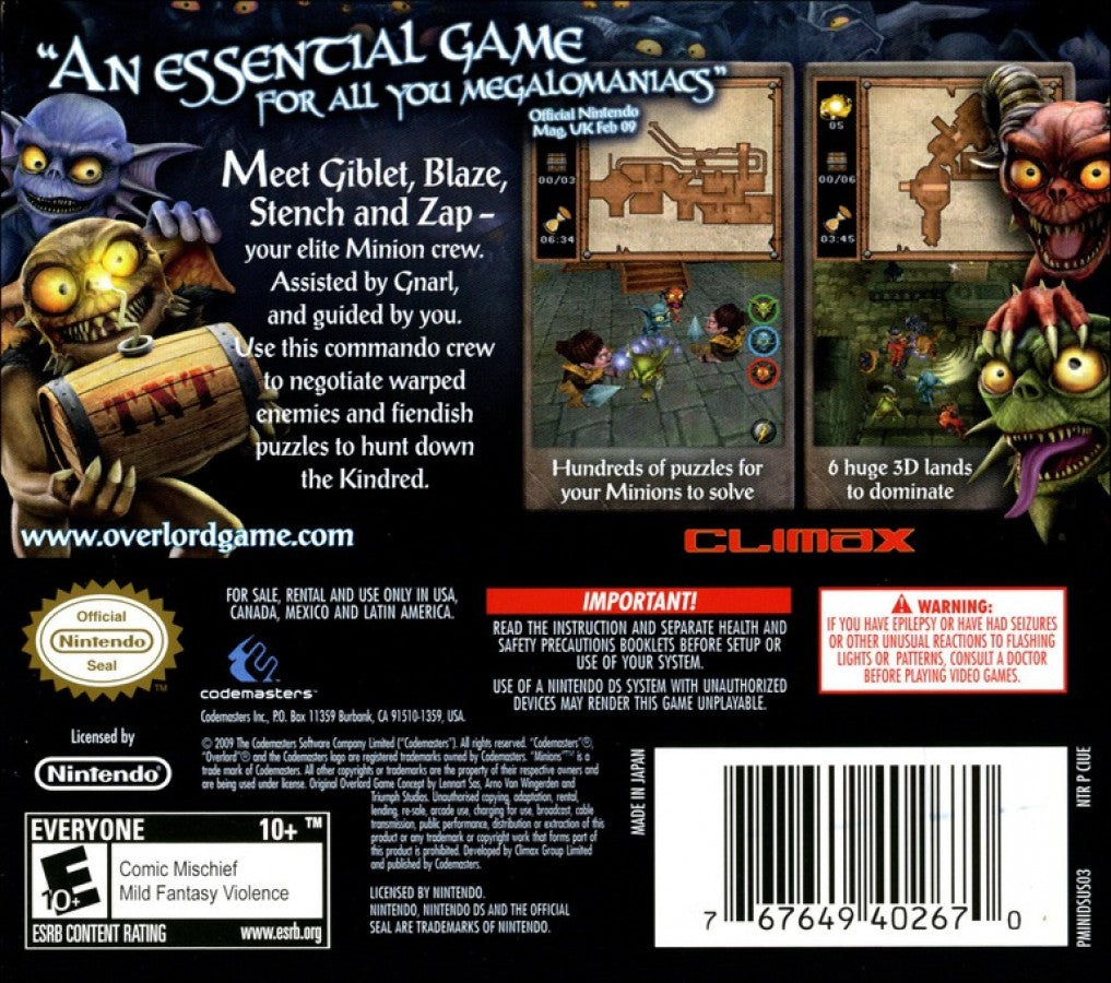 Overlord Minions Nintendo DS action adventure game featuring real time minion squad control touchscreen commands fantasy battles humorous storyline and strategic combat set in the Overlord universe back cover