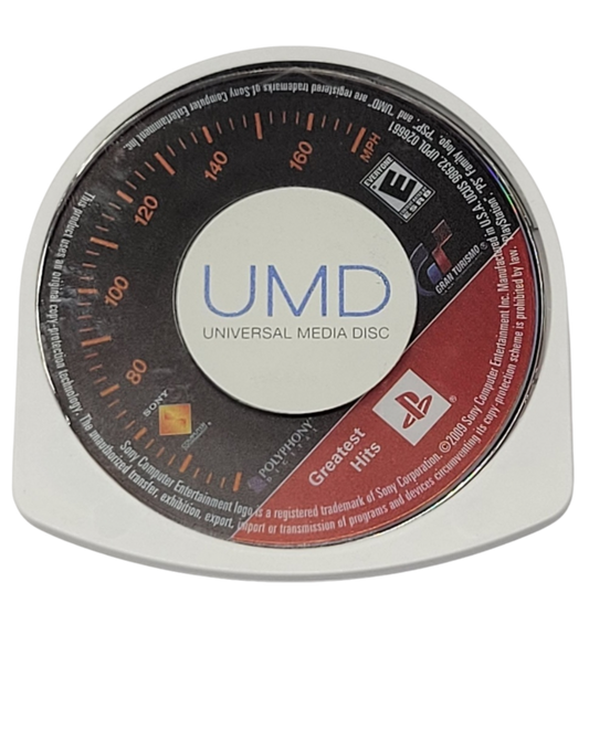 Gran Turismo Greatest Hits PSP Sony PlayStation Portable racing simulation game realistic driving physics car collection motorsport Polyphony Digital Gran Turismo series handheld racing career mode time trials PSP software video game title disc