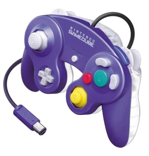 Indigo Clear Nintendo GameCube controller featuring translucent indigo shell wired connection analog control stick C stick dual shoulder triggers vibration feedback and classic ergonomic design for GameCube gameplay angled side 