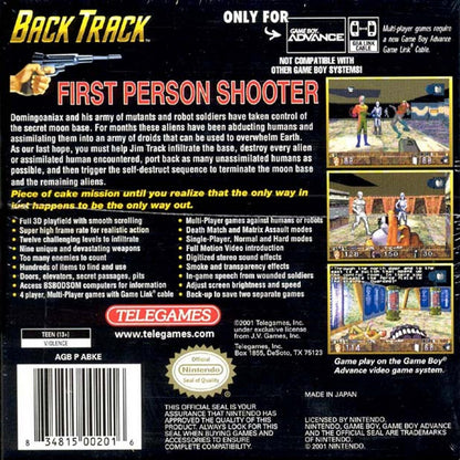 BackTrack Game Boy Advance GBA video game featuring first person shooter gameplay sci fi exploration alien environments weapon combat enemy encounters mission based action and classic handheld gaming retro video game collection collectible gaming appeal back cover art
