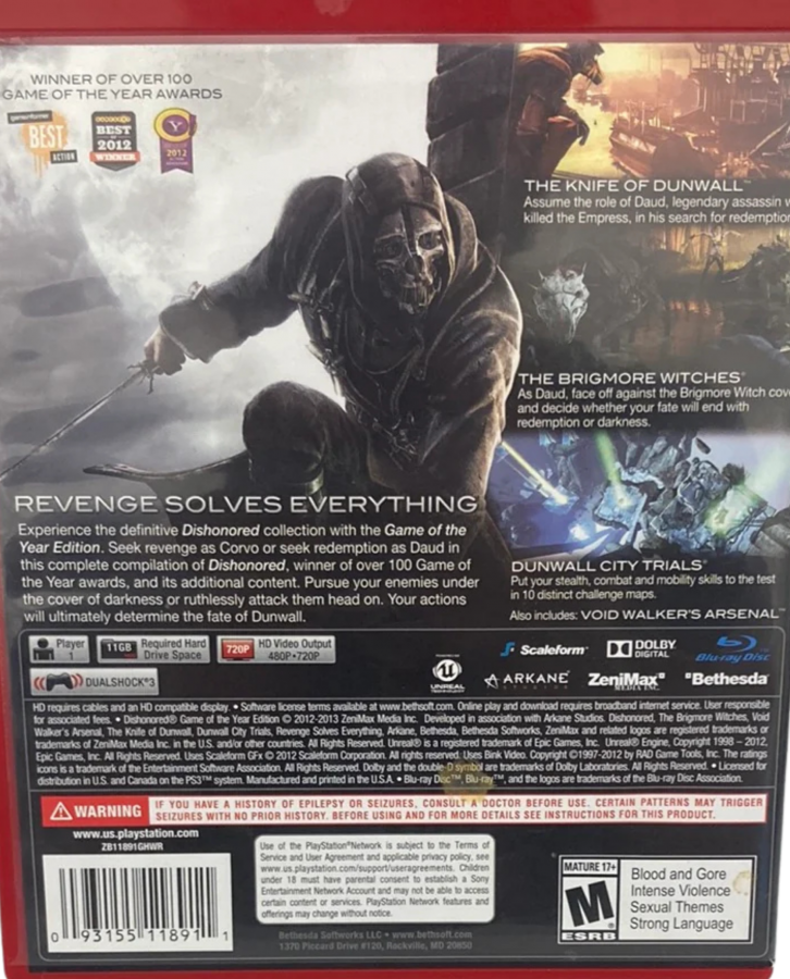 Dishonored Game of the Year Greatest Hits PlayStation 3 PS3 for retro video game enthusiasts featuring first person stealth action gameplay supernatural powers immersive assassination missions branching choices open ended level design steampunk inspired world and collectible gaming appeal back cover