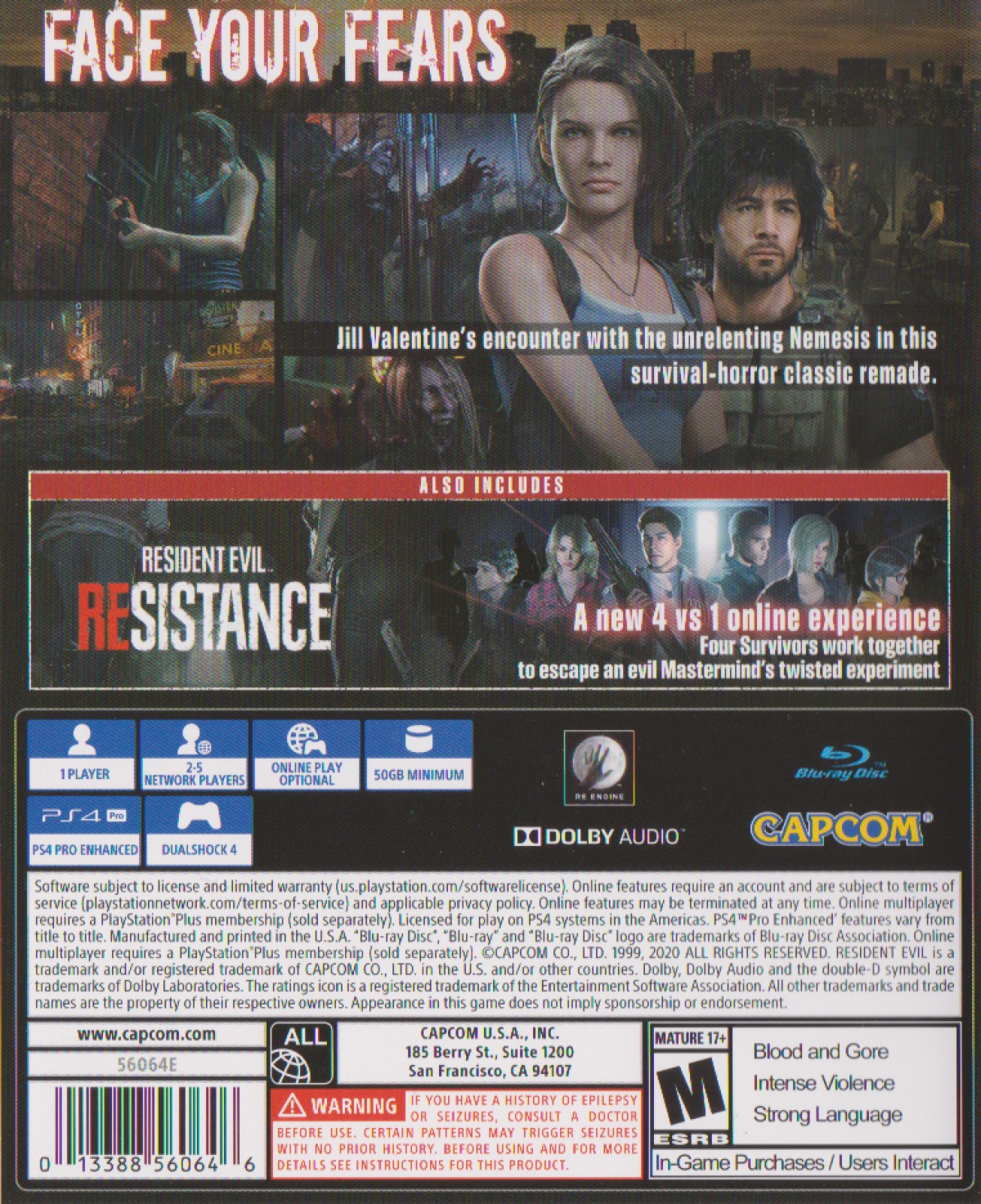 Resident Evil 3 PS4 game featuring intense survival horror gameplay, fast-paced action, and a cinematic retelling of the Raccoon City outbreak back cover