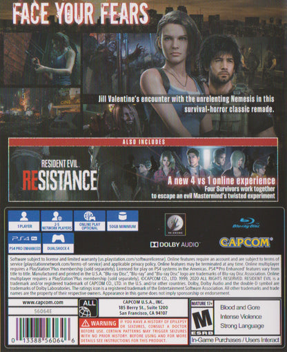 Resident Evil 3 PS4 game featuring intense survival horror gameplay, fast-paced action, and a cinematic retelling of the Raccoon City outbreak back cover