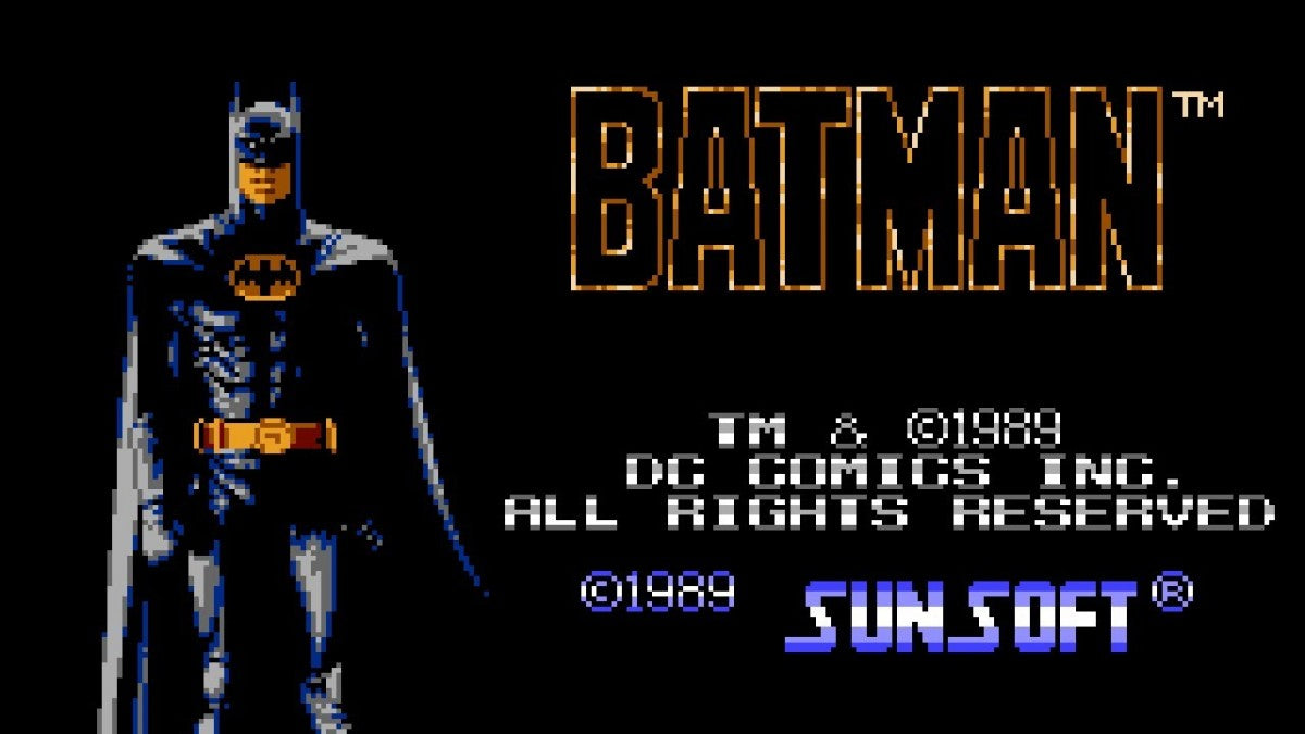 Batman The Video Game game for the Nintendo Entertainment System featuring side scrolling action platformer gameplay with wall jumping mechanics projectile weapons and challenging levels as Batman battles enemies across Gotham City inspired by the 1989 film gameplay
