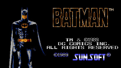 Batman The Video Game game for the Nintendo Entertainment System featuring side scrolling action platformer gameplay with wall jumping mechanics projectile weapons and challenging levels as Batman battles enemies across Gotham City inspired by the 1989 film gameplay