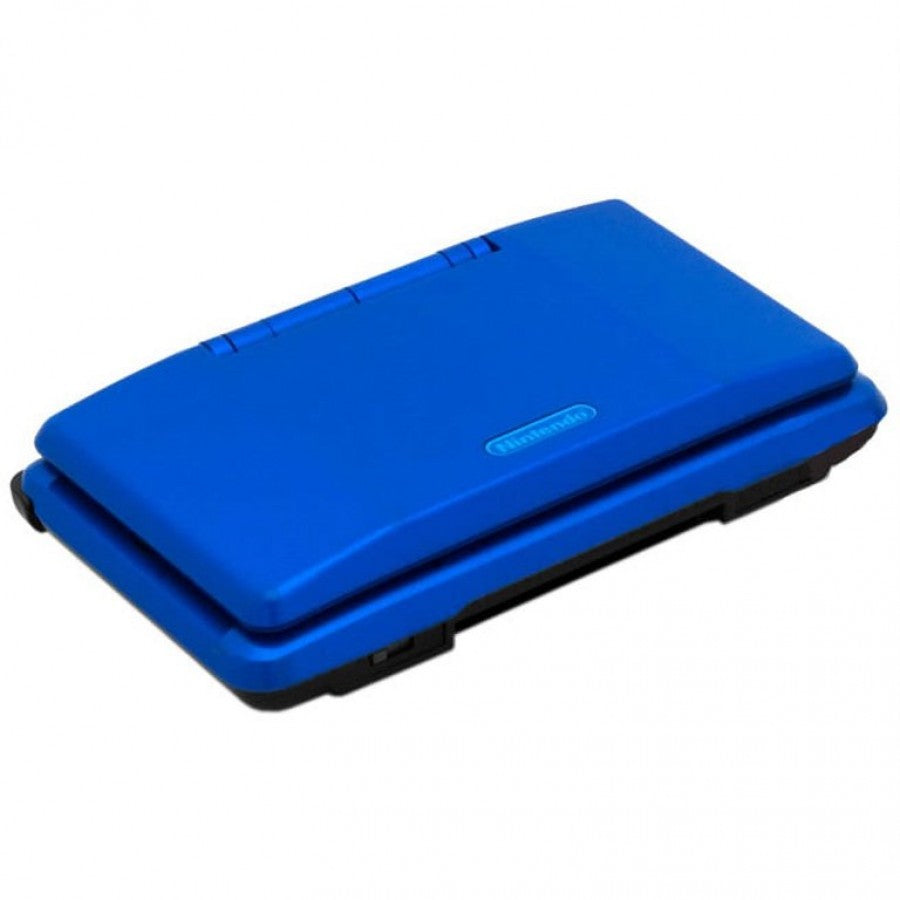 Nintendo DS Electric Blue handheld console featuring dual screen gaming technology touchscreen controls Game Boy Advance compatibility wireless multiplayer support portable Nintendo entertainment and collectible gaming appeal closed angle
