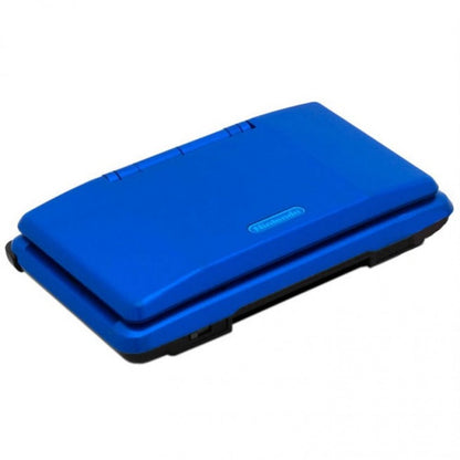 Nintendo DS Electric Blue handheld console featuring dual screen gaming technology touchscreen controls Game Boy Advance compatibility wireless multiplayer support portable Nintendo entertainment and collectible gaming appeal closed angle
