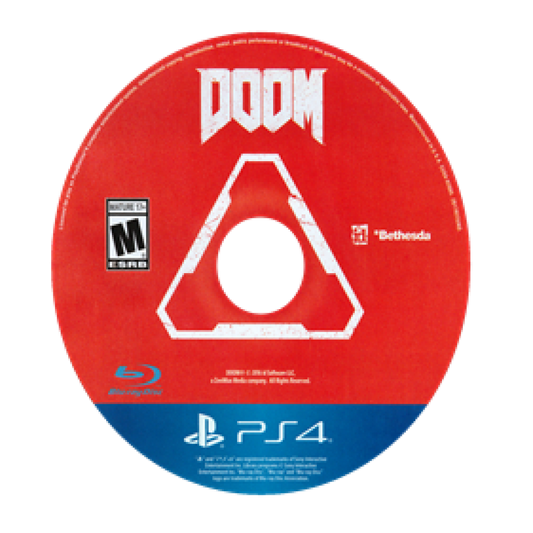 DOOM PS4 game featuring fast-paced first-person shooter action, intense demon-slaying combat, and visceral single-player and multiplayer gameplay disc