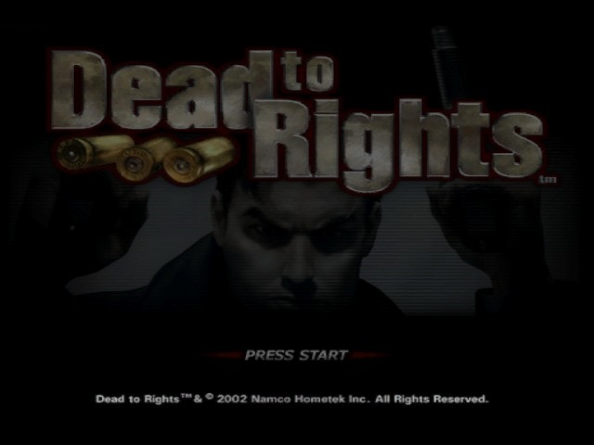 Dead to Rights for Nintendo GameCube (GC) at Gamers INC, featuring the gritty, noir-inspired action thriller where you play as framed cop Jack Slate, fighting through a corrupt city with the help of your K-9 partner Shadow to clear your name, utilizing cinematic "bullet time" slow-motion, brutal disarms, and intense gunplay in a hard-boiled tale of revenge and justice main menu title screen