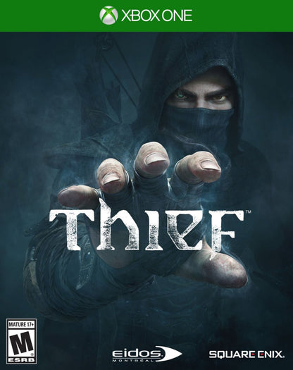 Thief Xbox One stealth action game master thief Garrett shadowy City supernatural abilities stealth mechanics first-person perspective dark Gothic Victorian setting focus abilities various arrow types lockpicking loot stealing multiple difficulty modes including Iron Man single player cover art