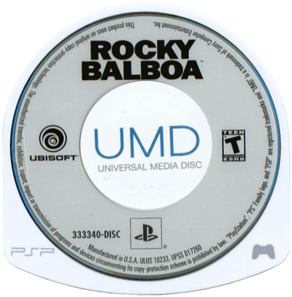 Rocky Balboa PlayStation Portable PSP video game featuring boxing sports gameplay Rocky Balboa character championship fights powerful punch combinations defensive blocking counterattacks training challenges career mode iconic boxing opponents movie inspired storylines and classic handheld PlayStation boxing action retro video game collection collectible gaming appeal UMD