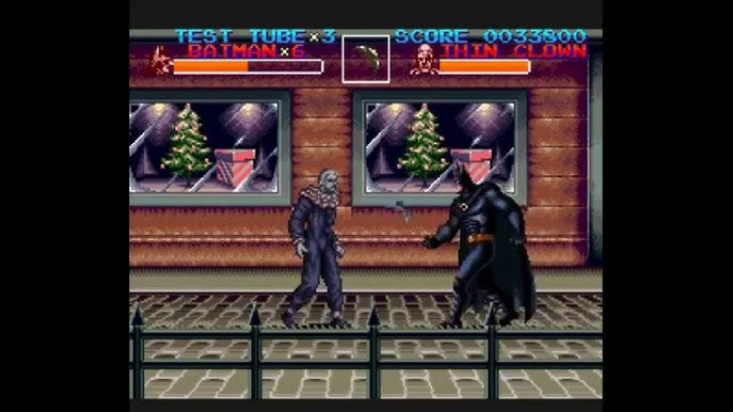 Batman Returns cartridge for the Super Nintendo Entertainment System featuring side scrolling beat em up gameplay with cinematic action as Batman battles the Penguin and Gotham City criminals based on the movie gameplay