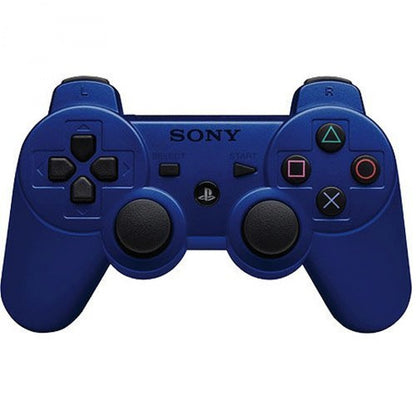 PS3 wireless controller in blue featuring dual analog sticks and classic PlayStation button layout