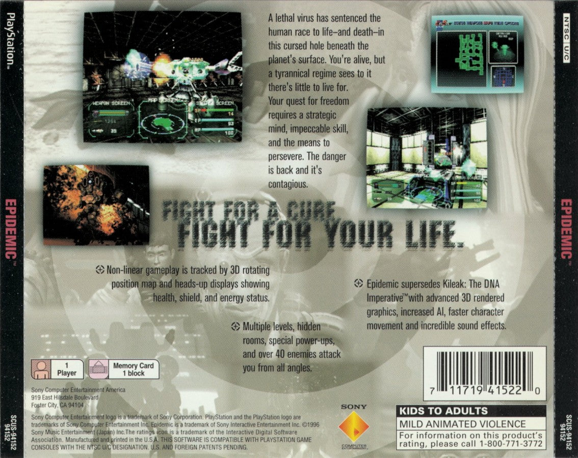 Epidemic retro sci-fi vehicular combat shooter game for PlayStation 1 (PS1) back of case