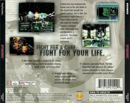 Epidemic retro sci-fi vehicular combat shooter game for PlayStation 1 (PS1) back of case