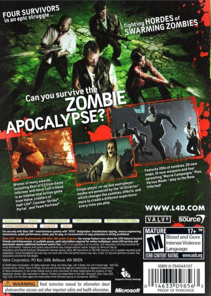 Left 4 Dead back of case for Xbox 360 (X360) cooperative zombie survival first-person shooter video game