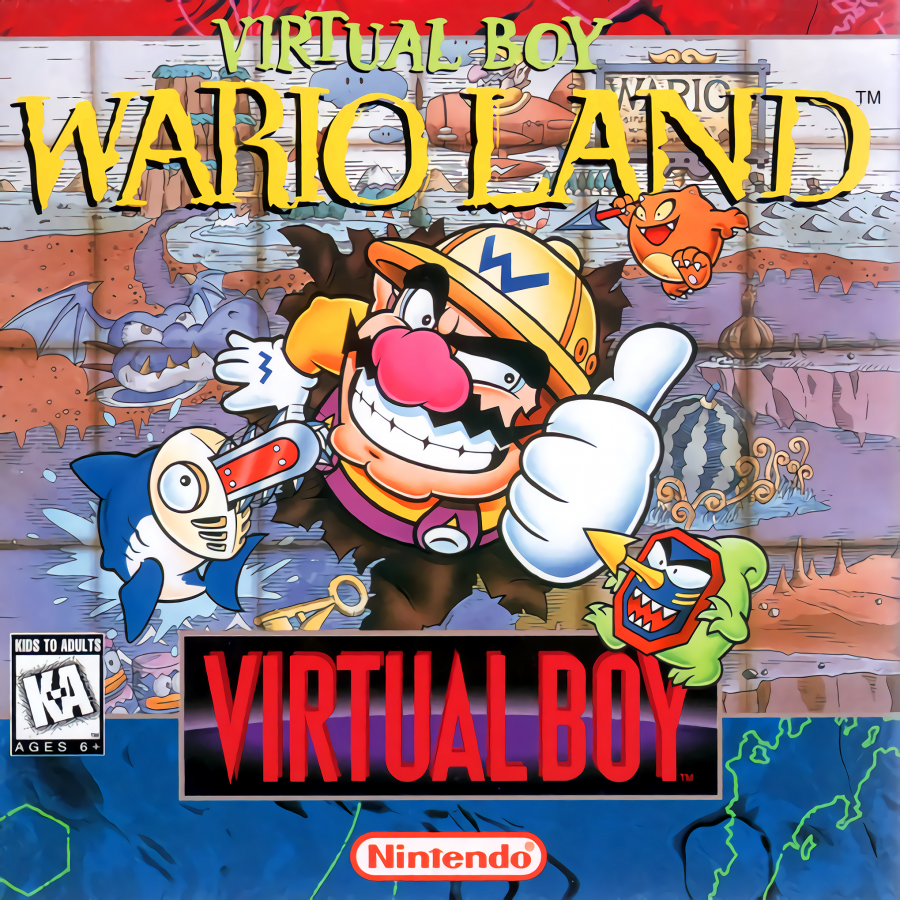 Wario Land Virtual Boy VB video game featuring Wario platforming adventure gameplay stereoscopic 3D environments enemy battles treasure collecting challenging levels hidden secrets classic Nintendo Virtual Boy gameplay retro video game collection collectible gaming appeal front cover art