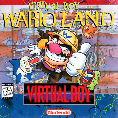 Wario Land Virtual Boy VB video game featuring Wario platforming adventure gameplay stereoscopic 3D environments enemy battles treasure collecting challenging levels hidden secrets classic Nintendo Virtual Boy gameplay retro video game collection collectible gaming appeal front cover art