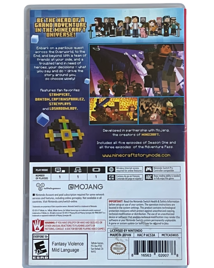Minecraft Story Mode: Complete Adventure back cover art for Nintendo Switch adventure video game. 