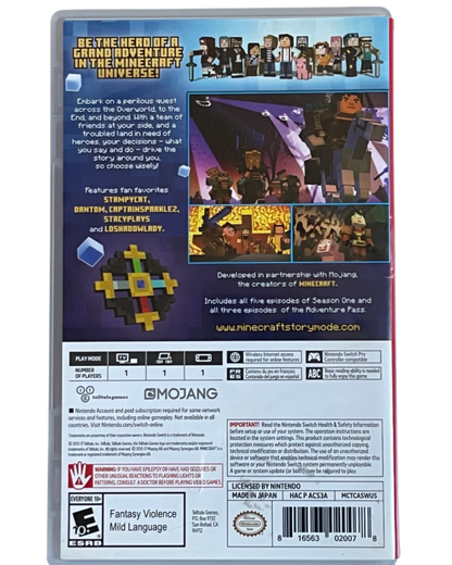 Minecraft Story Mode: Complete Adventure back cover art for Nintendo Switch adventure video game. 