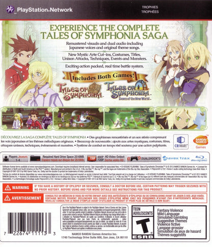 Tales of Symphonia Chronicles PS3 Sony PlayStation 3 JRPG role playing game anime style fantasy adventure Bandai Namco Tales series dual game collection Symphonia Dawn of the New World turn based combat party driven story PlayStation 3 software video game title back cover art