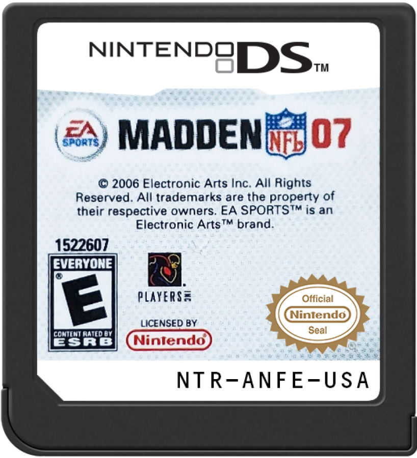 Madden NFL 07 Nintendo DS DS video game featuring American football sports simulation gameplay NFL teams and players offensive play calling defensive strategies passing rushing touchdowns hard hitting tackles special teams action season mode franchise management player ratings roster updates quarterback controls multiplayer matches and classic Nintendo DS handheld football gaming retro video game collection collectible gaming appeal gameplay