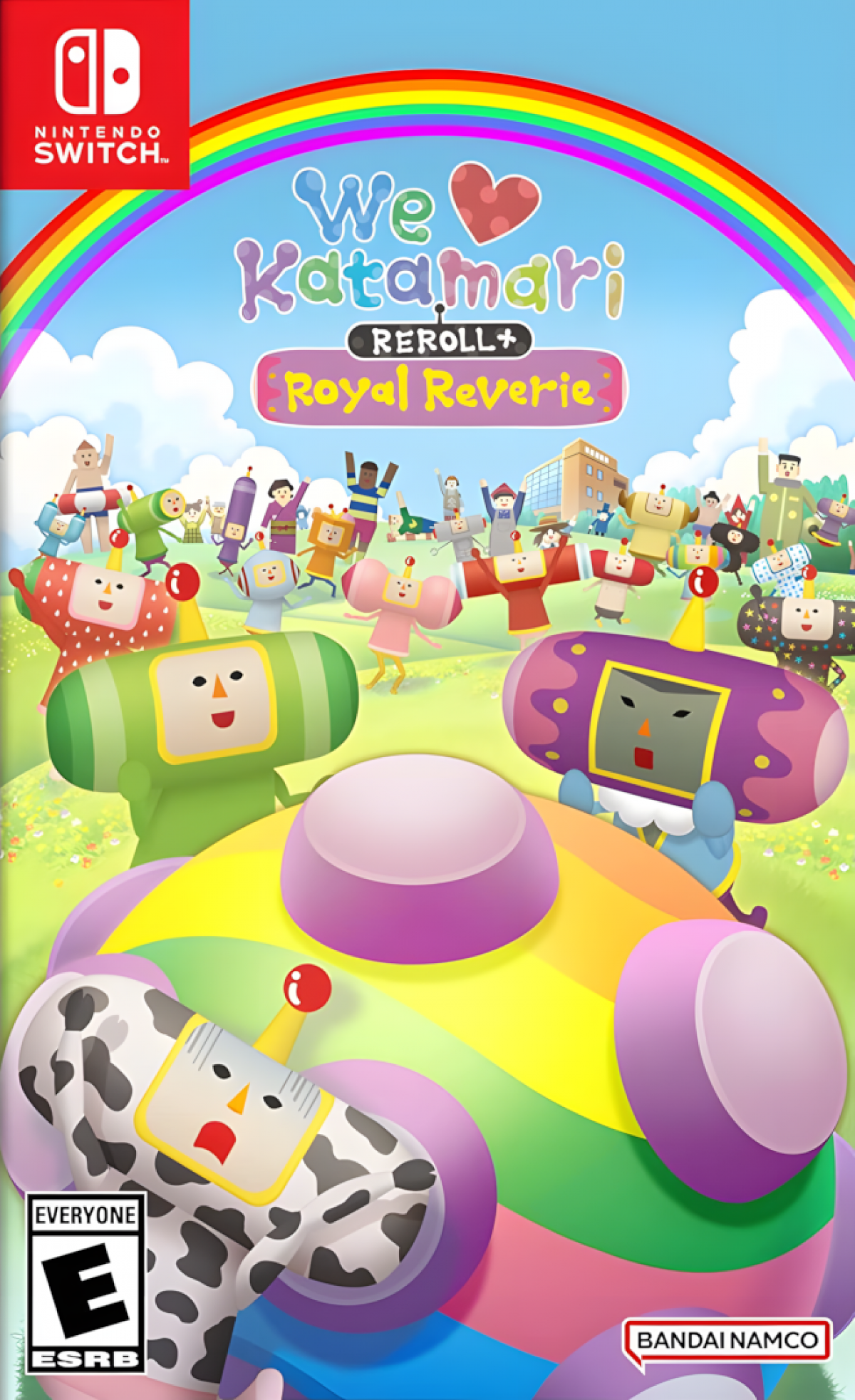 We Love Katamari Reroll Royal Reverie Nintendo Switch NS for puzzle action video game fans featuring the King of All Cosmos rolling gameplay colorful worlds quirky characters object collecting whimsical soundtrack cooperative multiplayer remastered content and collectible gaming appeal front cover art