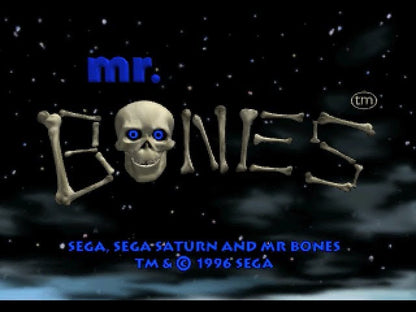 Mr Bones Sega Saturn action adventure rhythm game quirky animated skeleton protagonist side scrolling combat music based gameplay hand drawn animation surreal humor Sega experimental classic retro gaming Sega Saturn software video game title gameplay