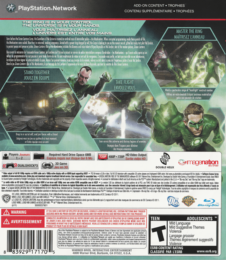 Green Lantern: Rise of the Manhunters PS3 action superhero adventure game for PlayStation 3 back cover art